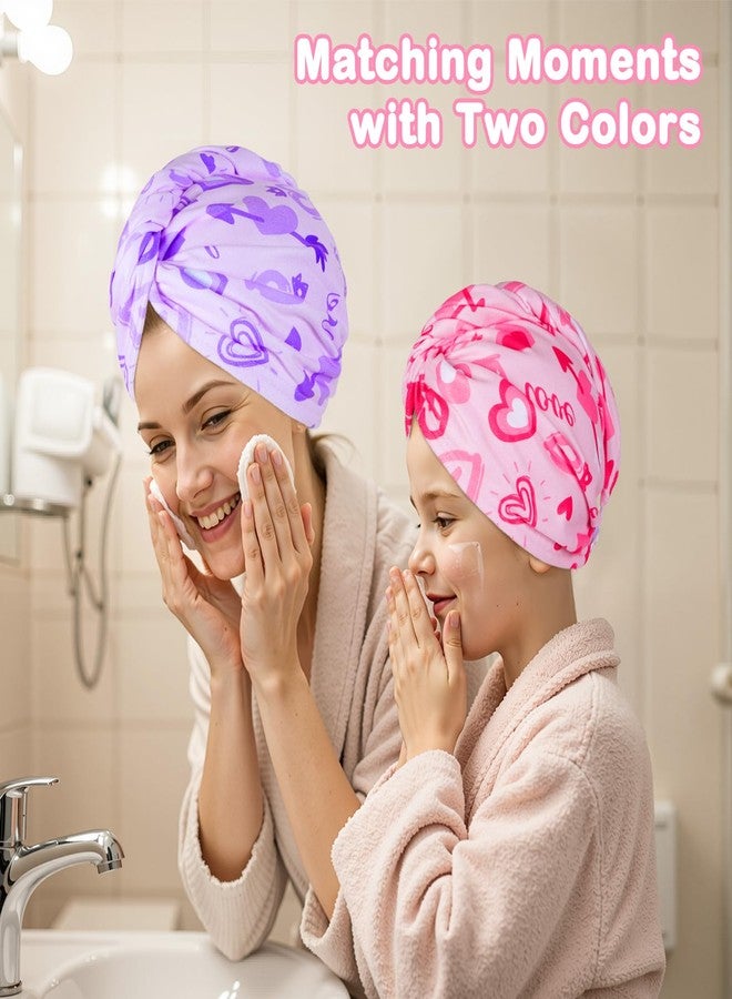 FIOBEE Microfiber Hair Towel Wrap for Kid Rapid Drying Towel Absorbent Hair Turbans for Wet Hair with Button Women Girls Long Curly Hair Pack of 2, Pink/Purple Heart - Image 2